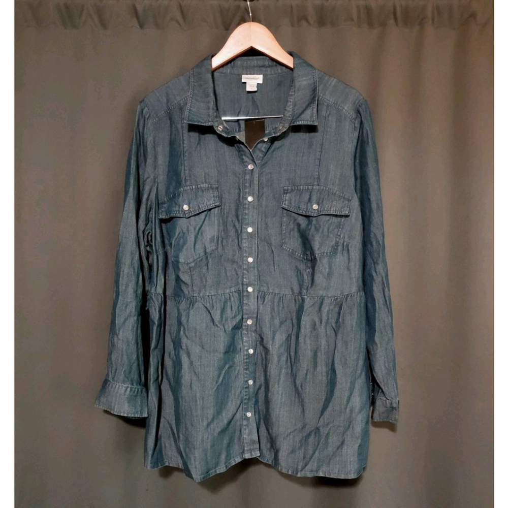 Avenue Women's Soft Denim Long Sleeve Button Down Tiered Shirt Size 20 NWT - Picture 5 of 9